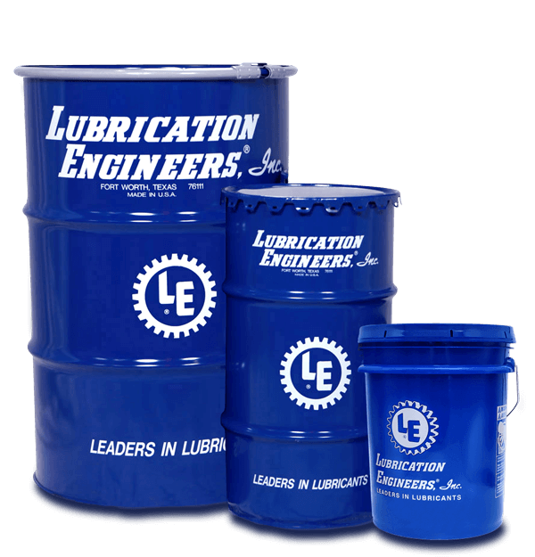 Lubrication Engineers' branded drums and pail.
