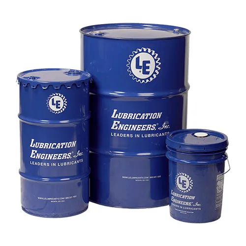 Lubrication Engineers oil drums and 5-gallon pail.